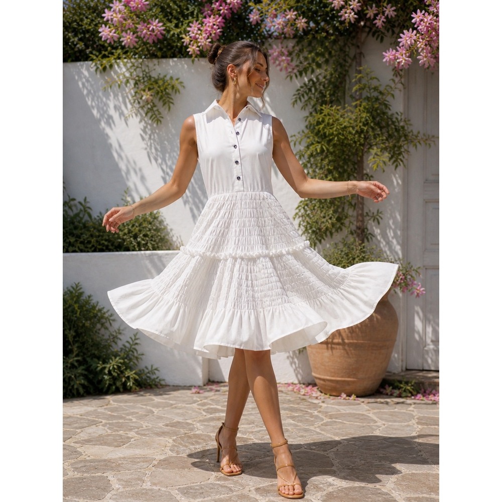 Jourden White Cotton Sleeveless Tiered Smocked Midi Dress - Size FR 34‎